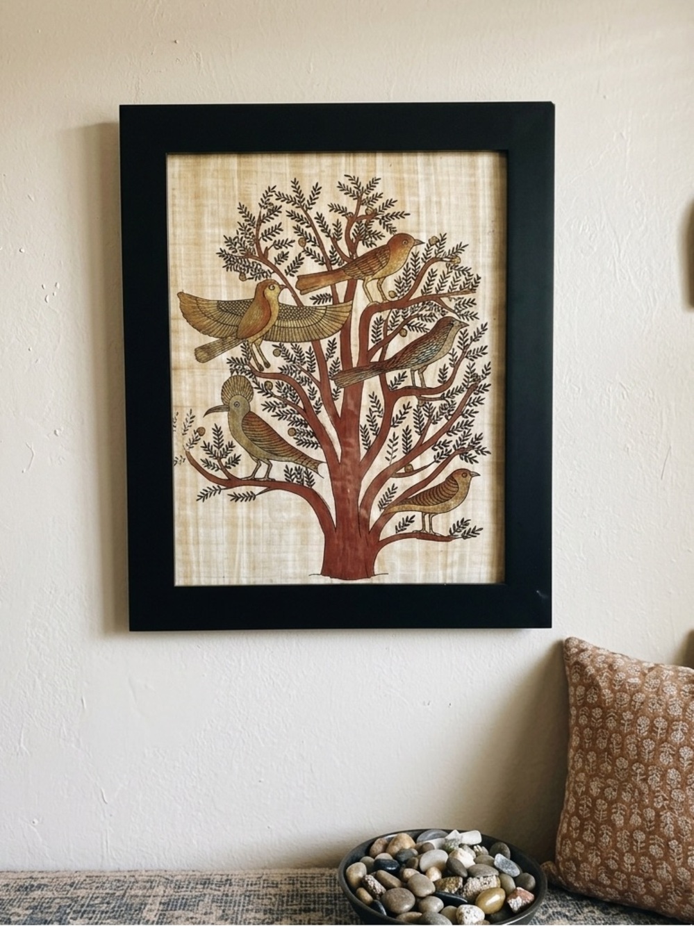 Framed Bird Tree of Life Wall Art on Papyrus in Black Frame